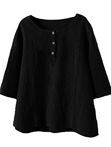 Minibee Women's 3/4 Sleeve Cotton Linen Jacquard Blouses Top T-Shirt