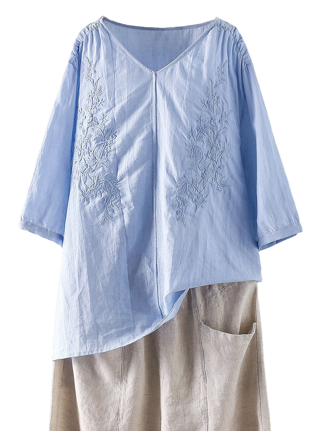 Minibee Women's Linen Embroidery Blouse V-Neck Tunic Elbow Sleeve Shirts Tops