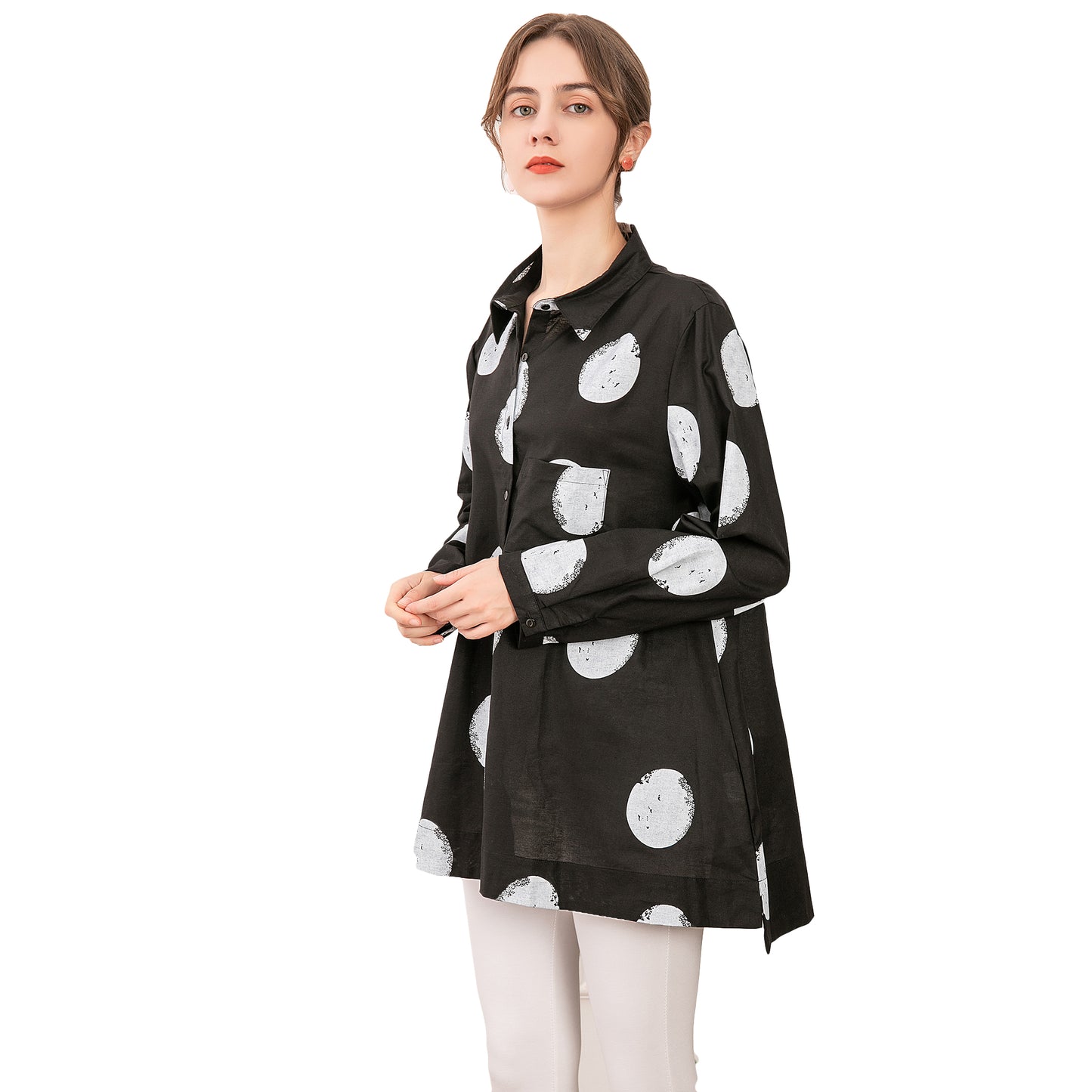 Minibee Women's Button Down Tunic Tops Polka Blouse Cotton Shirt