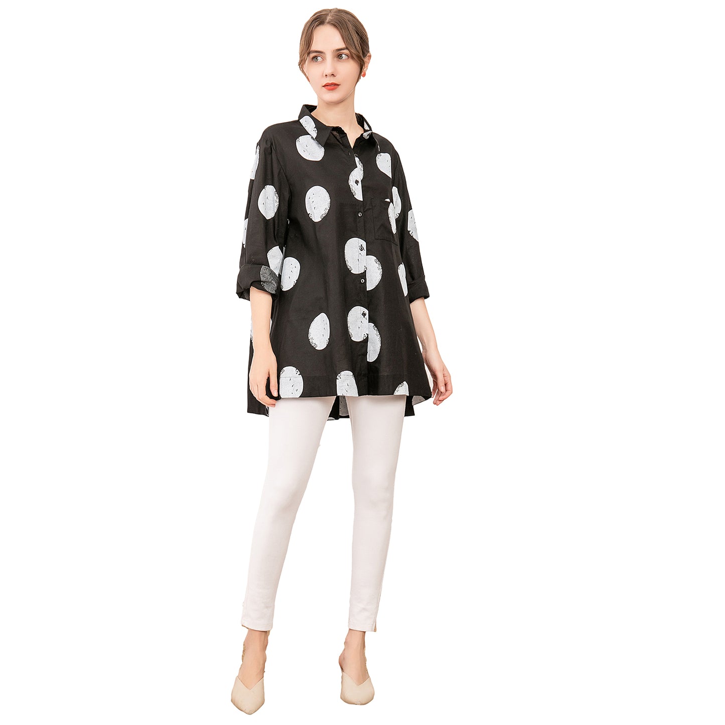 Minibee Women's Button Down Tunic Tops Polka Blouse Cotton Shirt