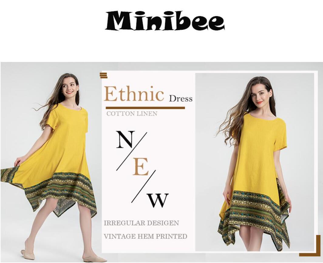 Minibee Women's Ethnic Cotton Linen Short/Long Sleeves Irregular Dress