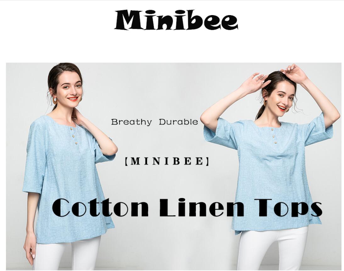 Minibee Women's 3/4 Sleeve Cotton Linen Jacquard Blouses Top T-Shirt