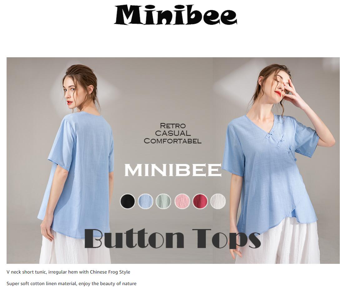 Minibee Women's Linen Retro Chinese Frog Button Tops Blouse