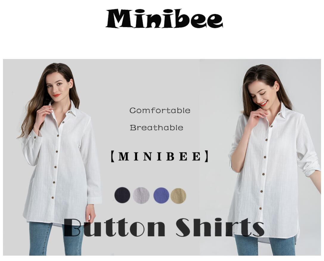 Minibee Women's Cotton  Linen Shirts Tunics Hi Low Tops Boyfriend Button Down Blouse