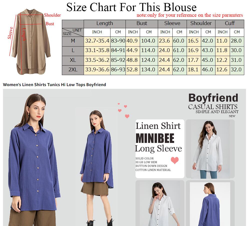 Minibee Women's Cotton Linen Shirts Tunics Hi Low Tops Boyfriend