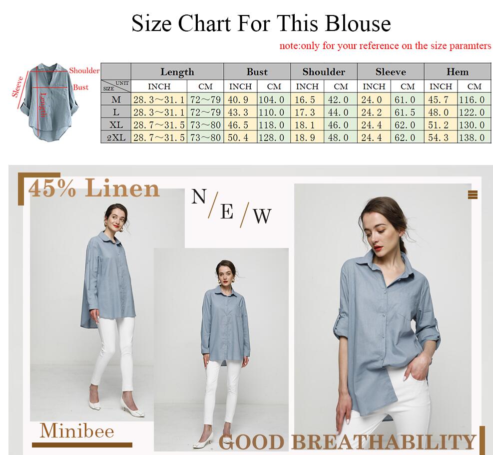 Minibee Women's Linen Blouse High Low Shirt Roll-Up Sleeve Tops