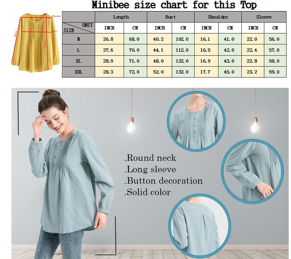 Women's Scoop Neck Pleated Blouse Solid Color Lovely Button Tunic Shirt