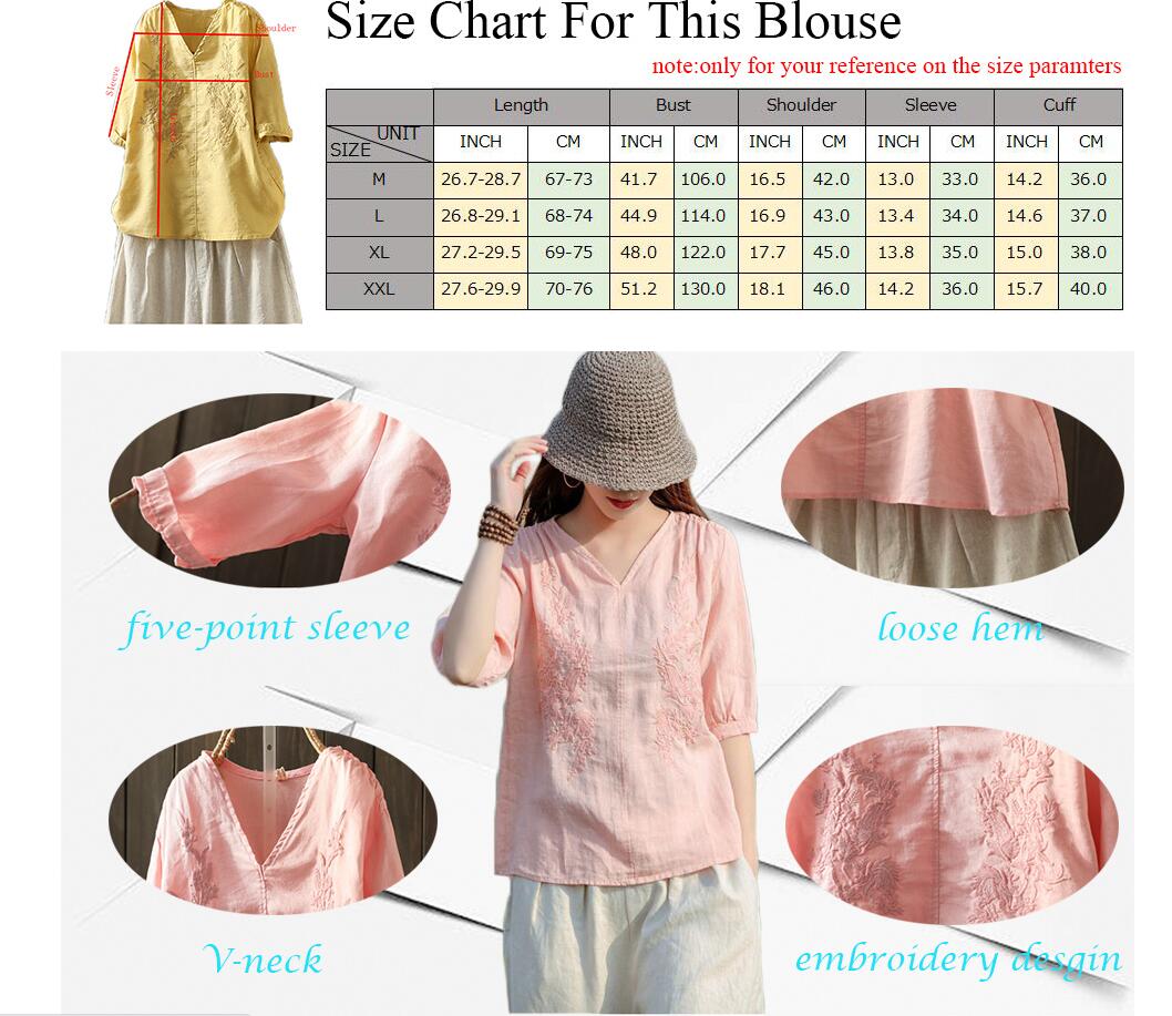 Minibee Women's Linen Embroidery Blouse V-Neck Tunic Elbow Sleeve Shirts Tops