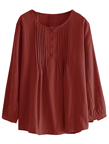 Women's Scoop Neck Pleated Blouse Solid Color Lovely Button Tunic Shirt