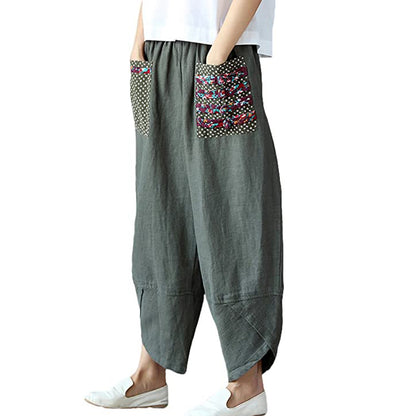 Minibee Women's Baggy Linen Wide Leg Trousers Elastic Waist Harem Pants