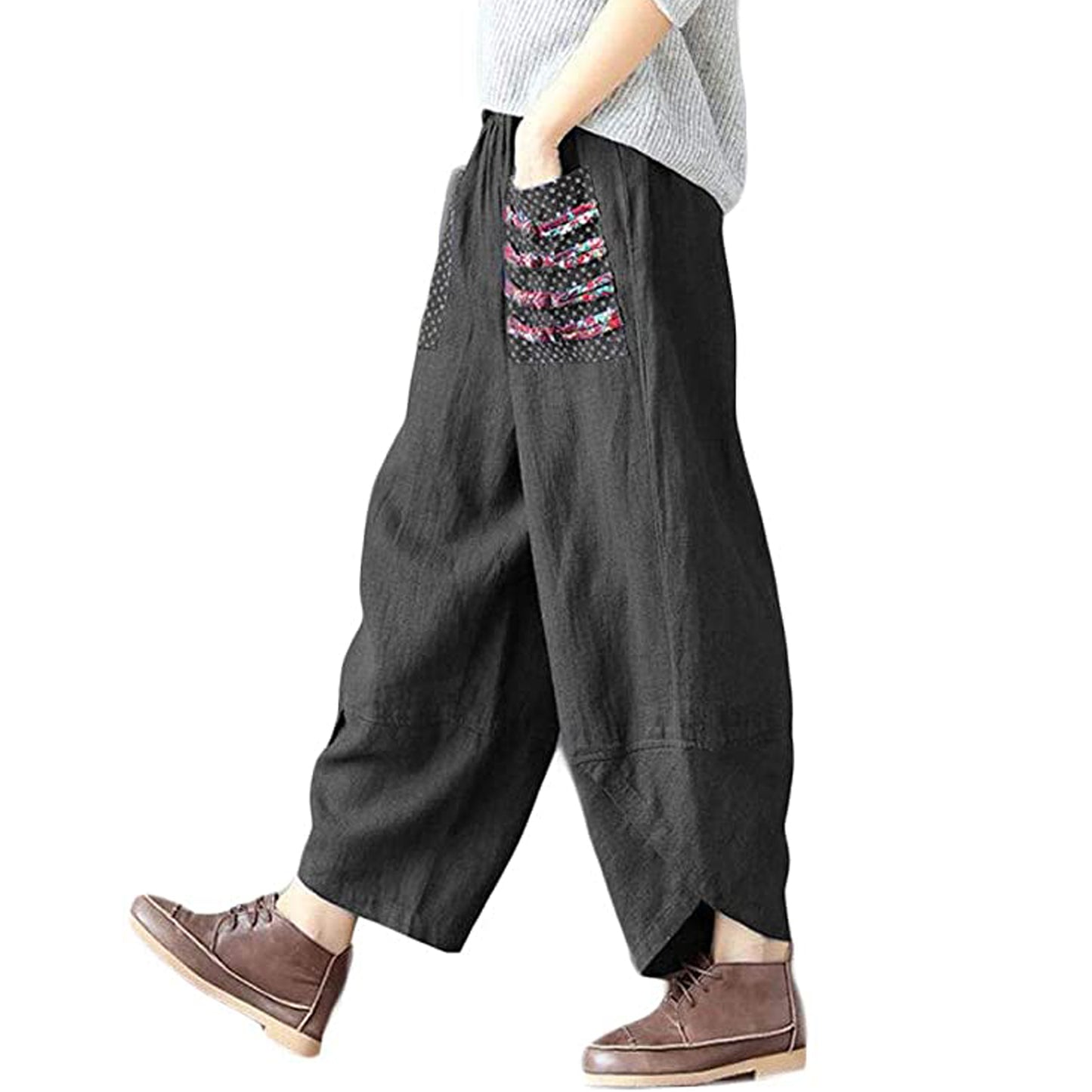 Minibee Women's Baggy Linen Wide Leg Trousers Elastic Waist Harem Pants