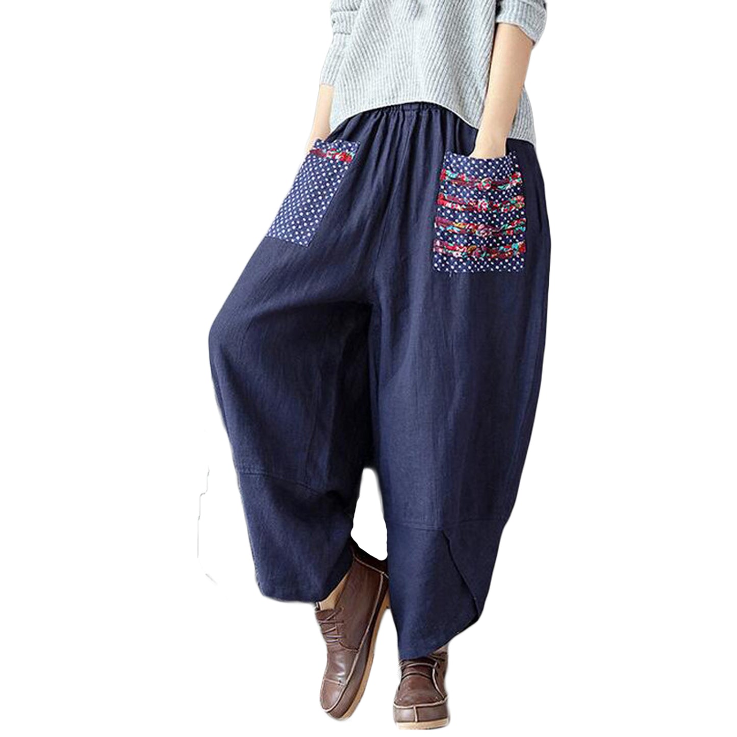 Minibee Women's Baggy Linen Wide Leg Trousers Elastic Waist Harem Pants