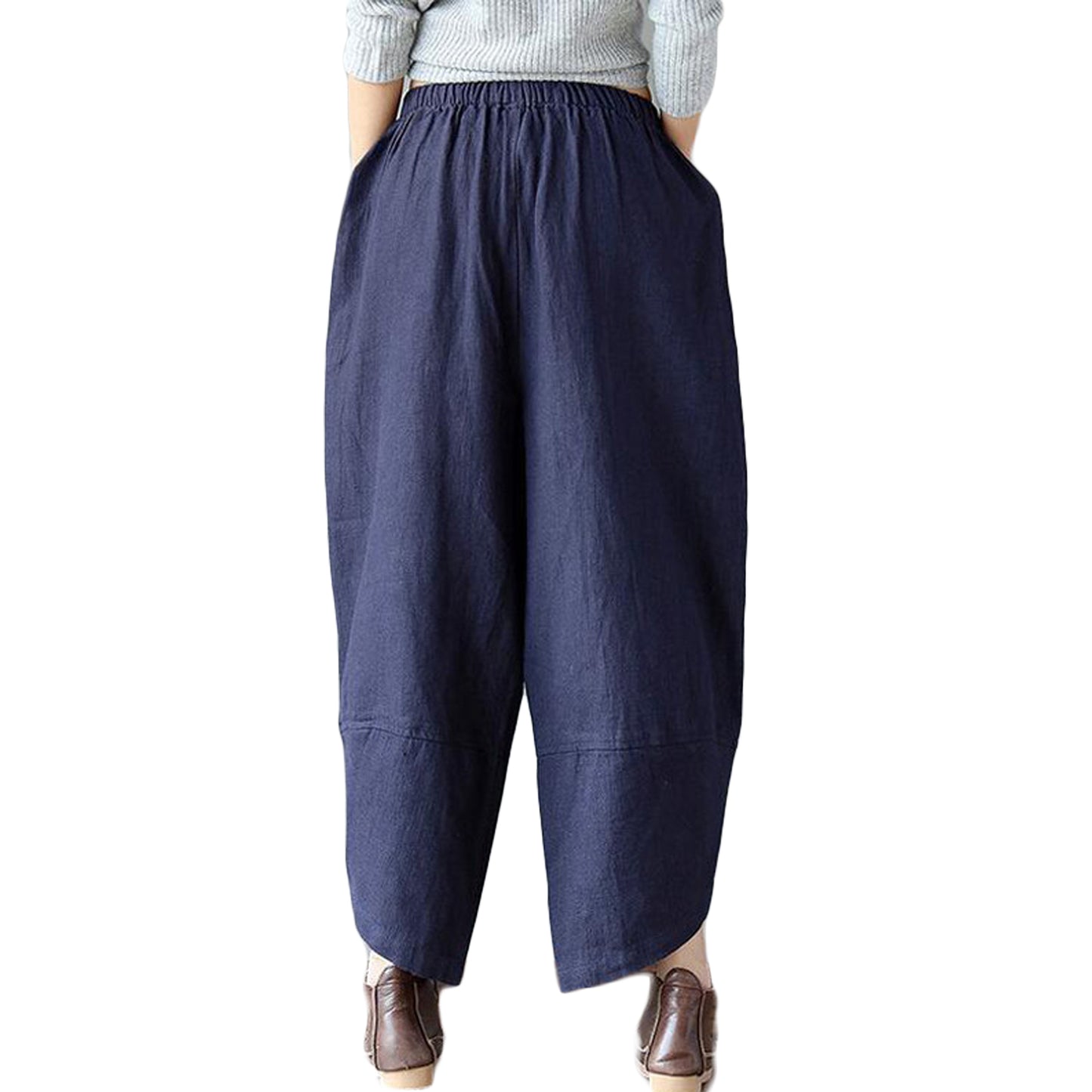 Minibee Women's Baggy Linen Wide Leg Trousers Elastic Waist Harem Pants