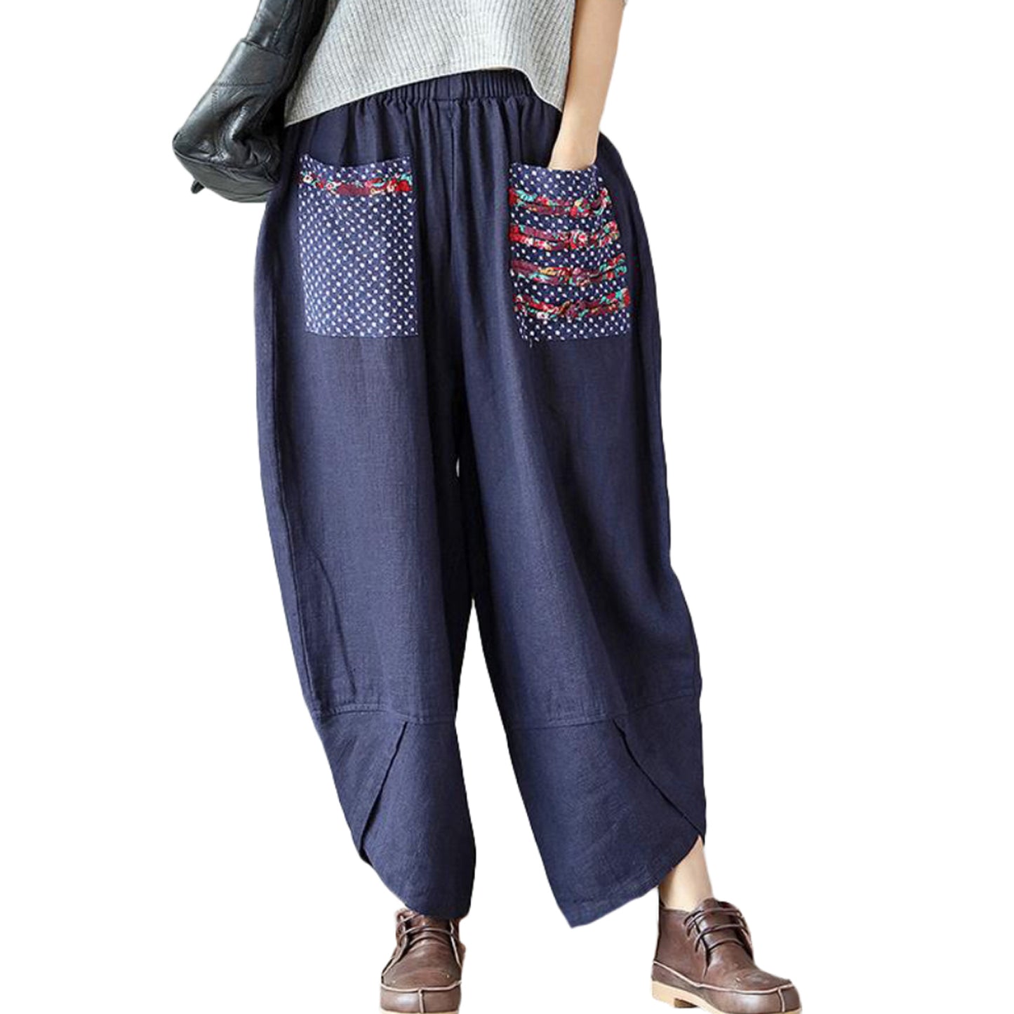 Minibee Women's Baggy Linen Wide Leg Trousers Elastic Waist Harem Pants