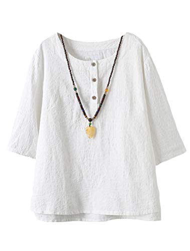 Minibee Women's 3/4 Sleeve Cotton Linen Jacquard Blouses Top T-Shirt