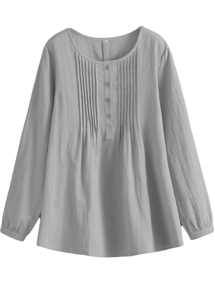 Women's Scoop Neck Pleated Blouse Solid Color Lovely Button Tunic Shirt