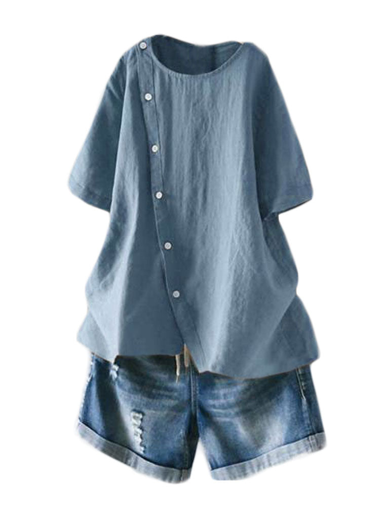 Minibee Women's Linen Blouse Tunic Short Sleeve Shirt Tops with