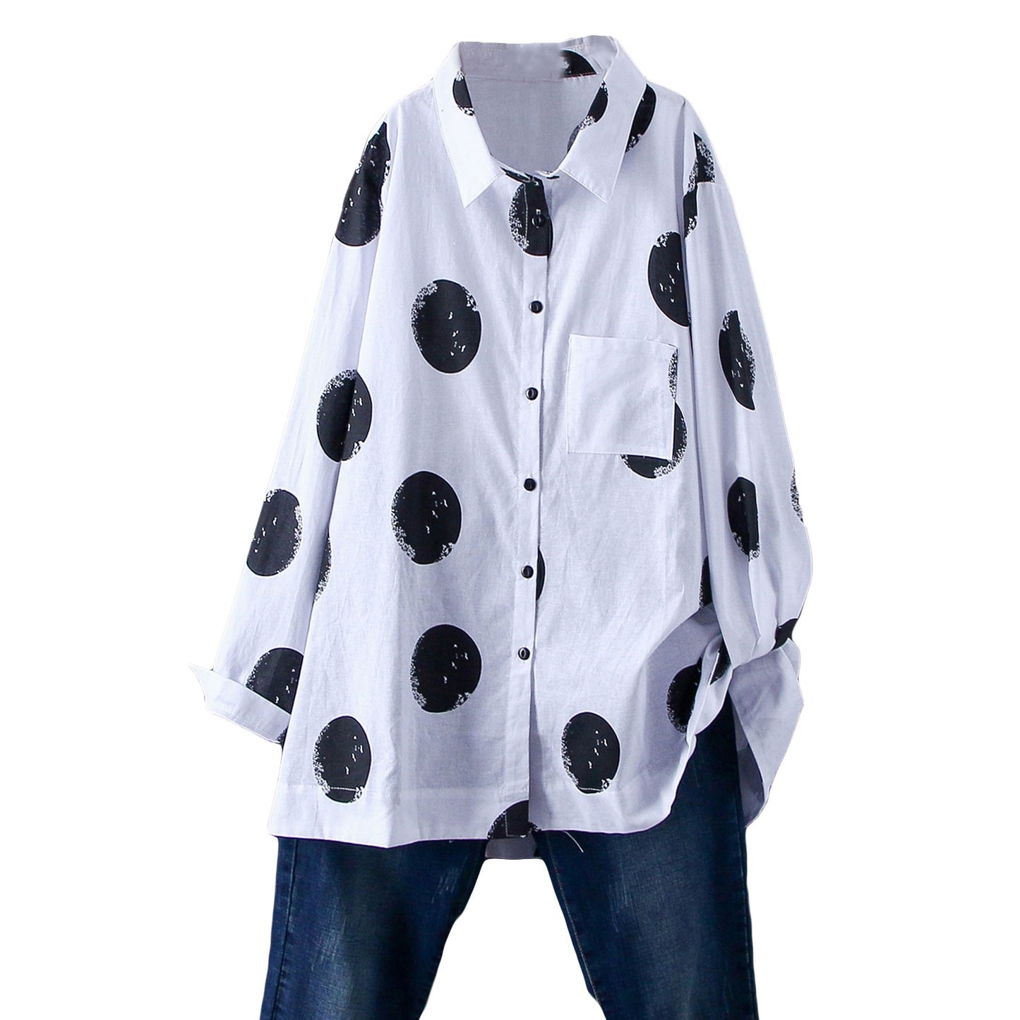 Minibee Women's Button Down Tunic Tops Polka Blouse Cotton Shirt