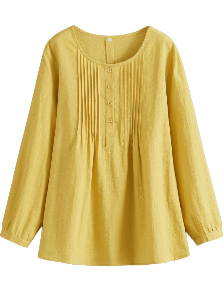 Women's Scoop Neck Pleated Blouse Solid Color Lovely Button Tunic Shirt